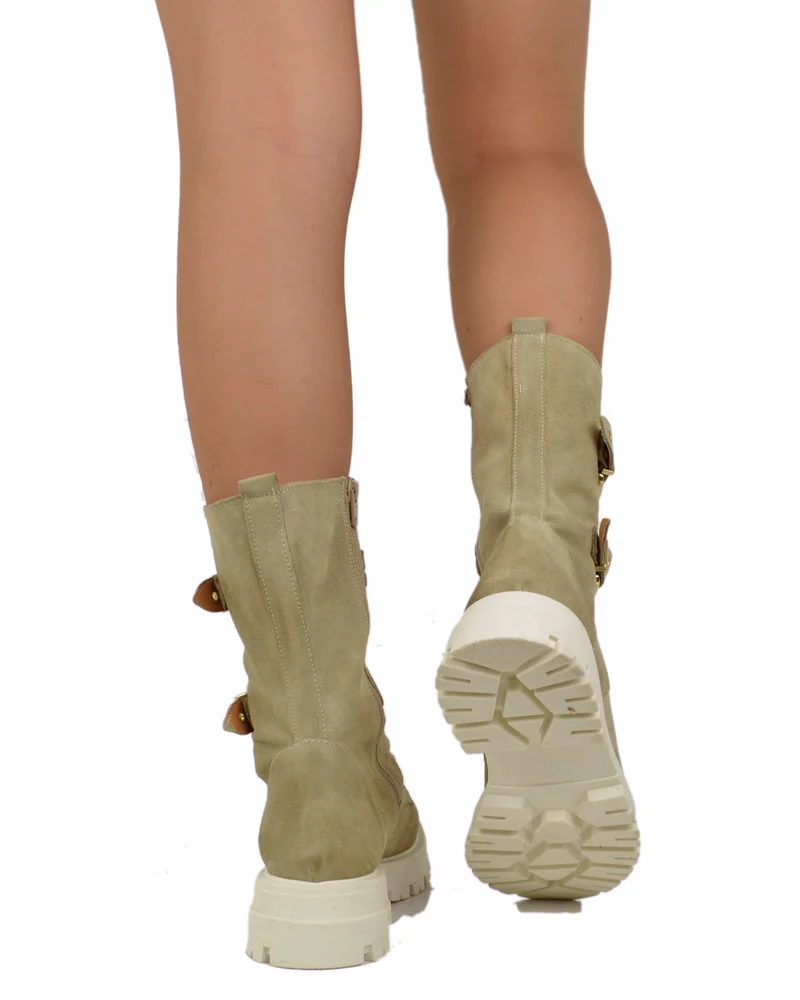Stivali Anfibi Stringati Primavera Scamosciati Fibbie Dorati Beige