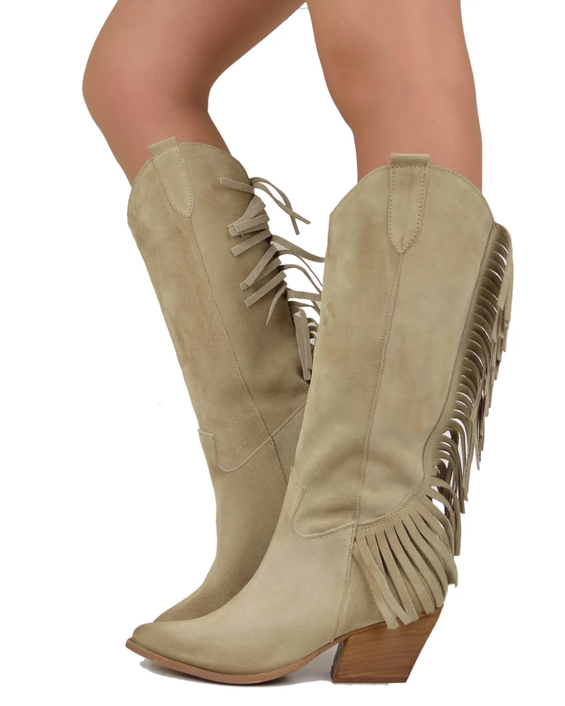 Stivali Texani con Frange Wild Cowboy Boots Western Camoscio Beige