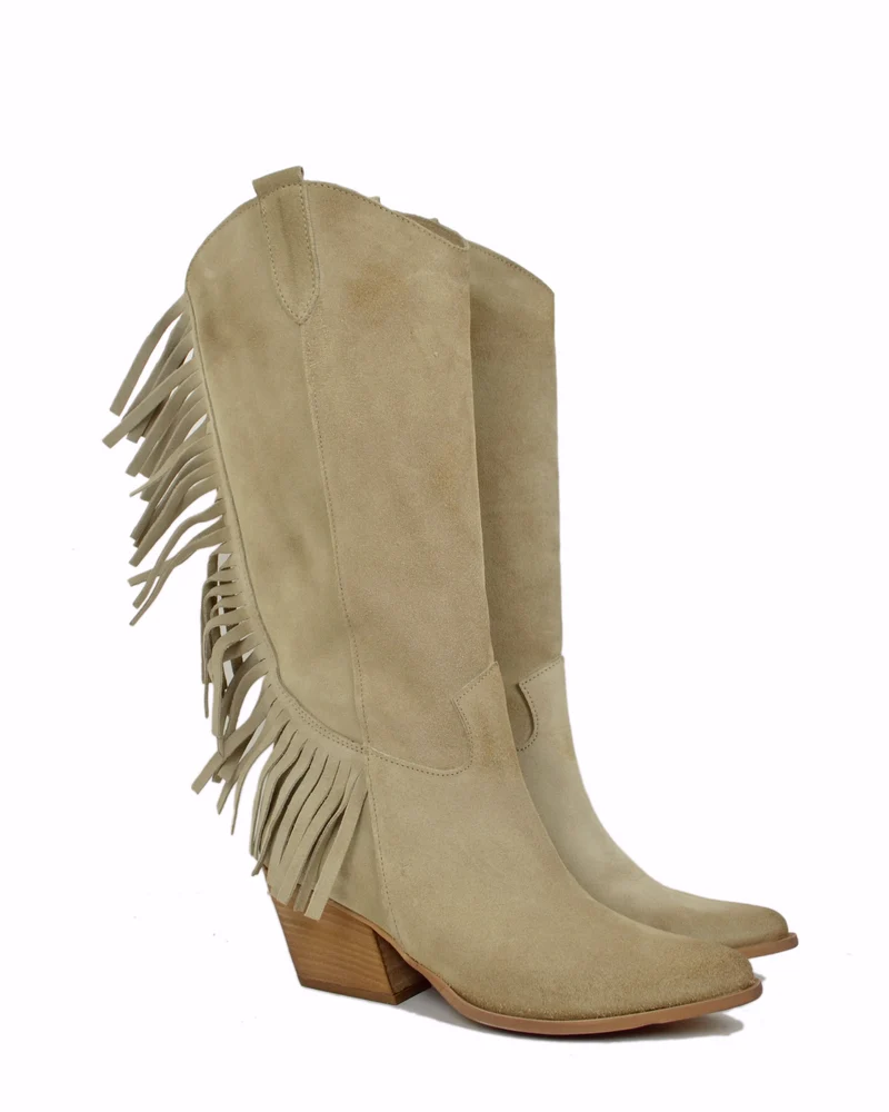 Stivali Texani con Frange Wild Cowboy Boots Western Camoscio Beige