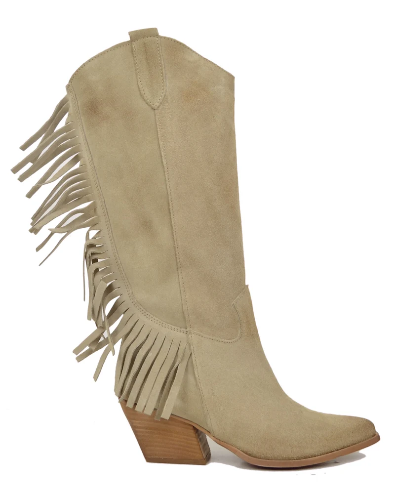 Stivali Texani con Frange Wild Cowboy Boots Western Camoscio Beige