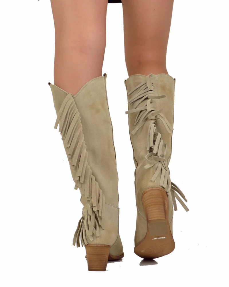 Stivali Texani con Frange Wild Cowboy Boots Western Camoscio Beige