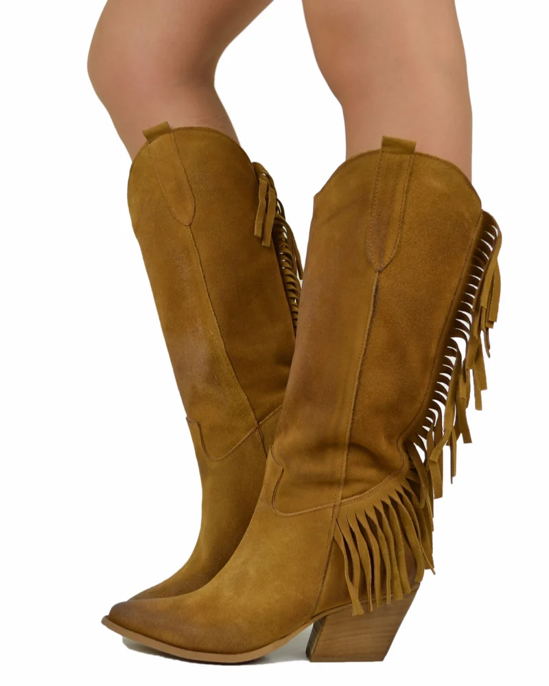 Stivali Texani con Frange Wild Cowboy Boots Western Camoscio Cuoio