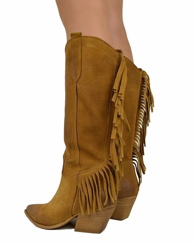 Stivali Texani con Frange Wild Cowboy Boots Western Camoscio Cuoio