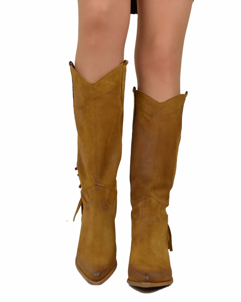 Stivali Texani con Frange Wild Cowboy Boots Western Camoscio Cuoio