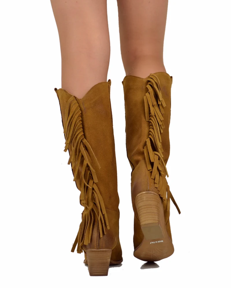 Stivali Texani con Frange Wild Cowboy Boots Western Camoscio Cuoio
