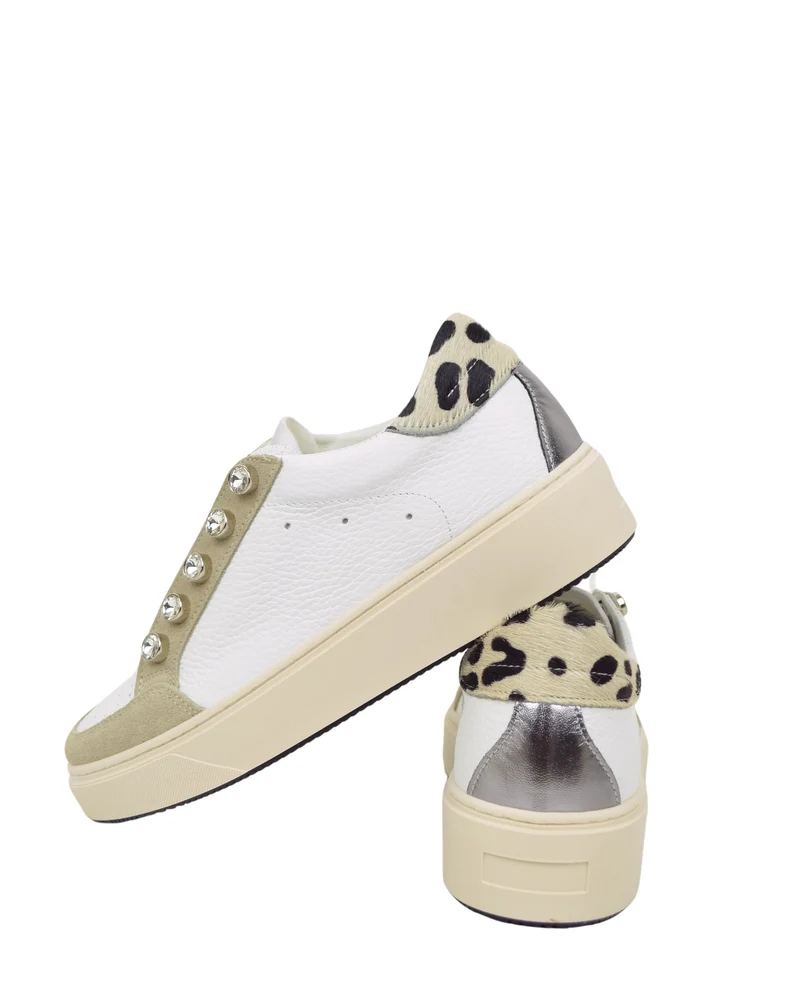 Sneakers con Bottoni Leopardate in Pelle e Camoscio Beige DIVINE FOLLIE