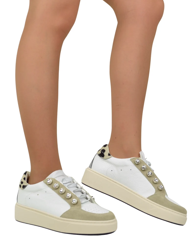 Sneakers con Bottoni Leopardate in Pelle e Camoscio Beige DIVINE FOLLIE
