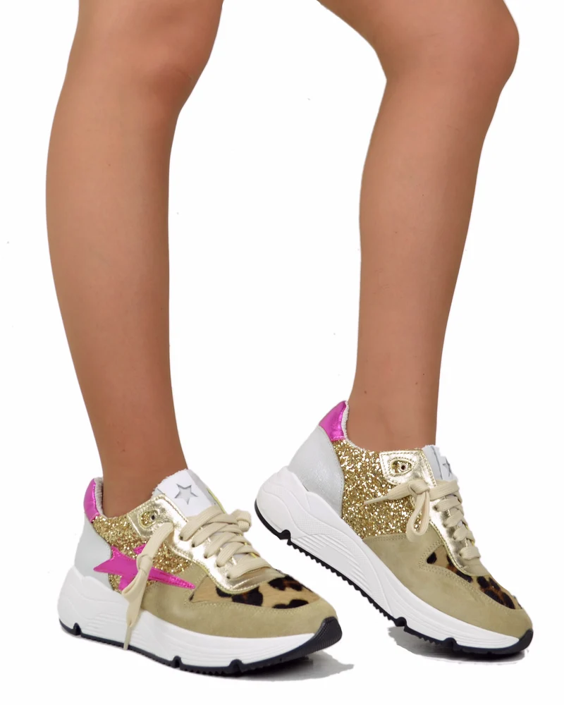Sneakers DIVINE FOLLIE in Denim Primavera Estate Glitter e Leopardate Camoscio