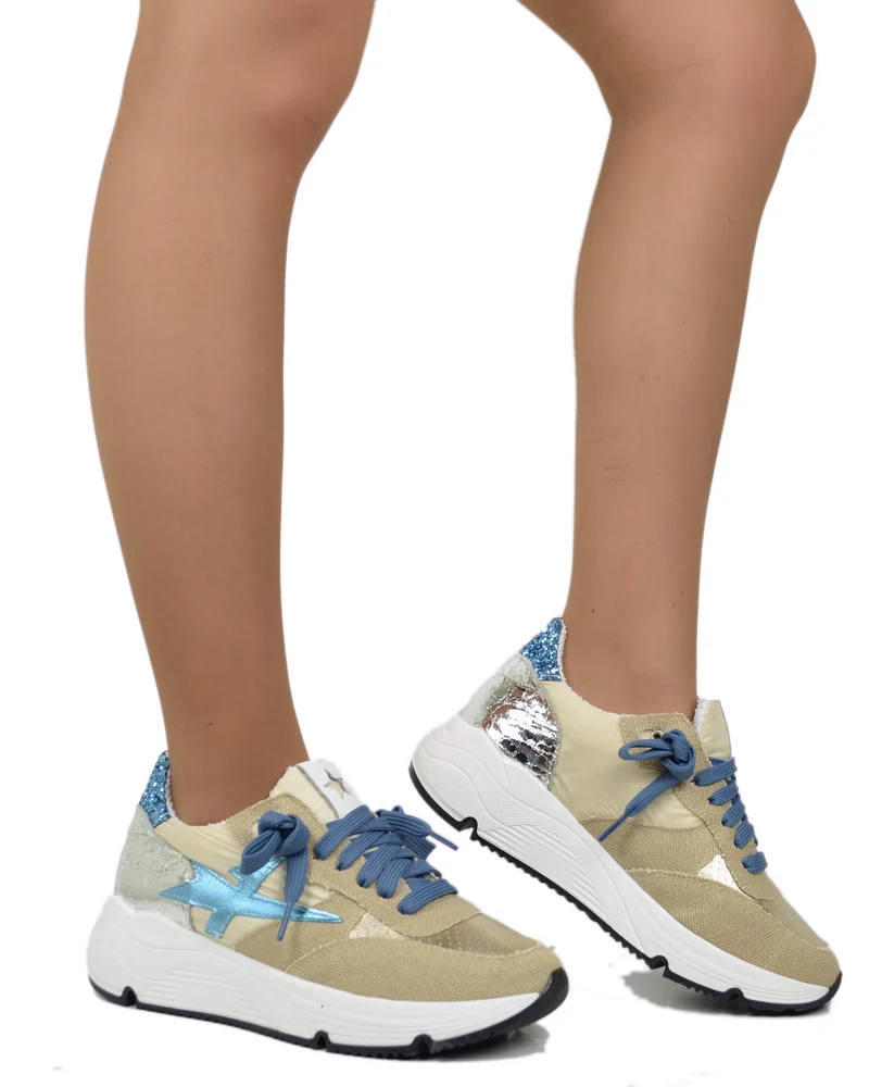 Sneakers DIVINE FOLLIE in Denim Primavera Estate Sabbia e Navy Glitterate