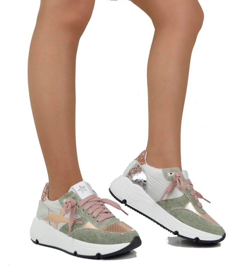 Sneakers DIVINE FOLLIE in Denim Primavera Estate Verde Rosa Glitterate