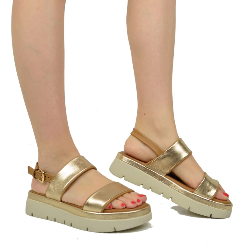 Sandali Donna Dorati in Pelle con Suola in Memory Foam