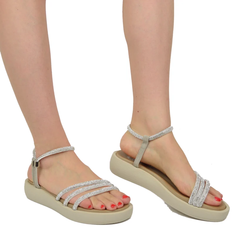 Sandali Donna Platform Argento in Pelle con Strass Made in Italy