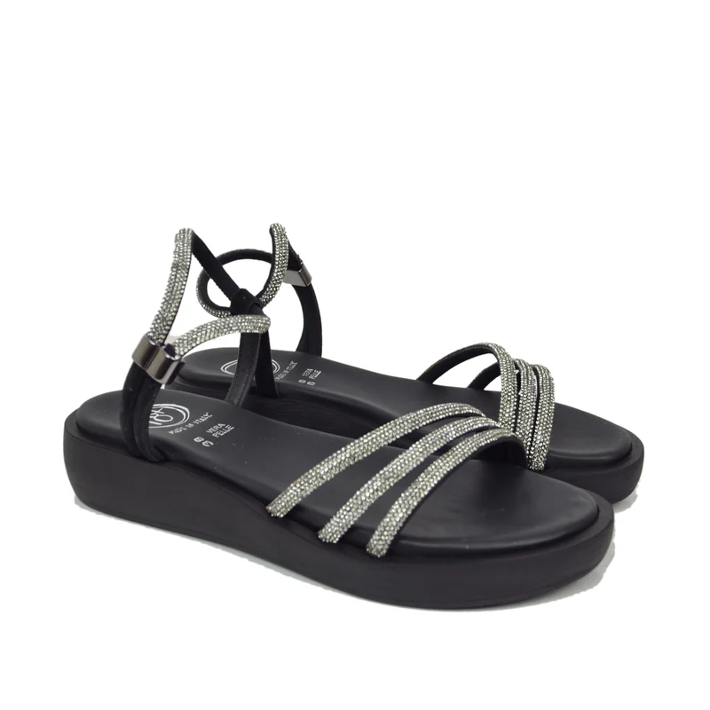 Sandali Donna Platform Neri in Pelle con Strass Made in Italy