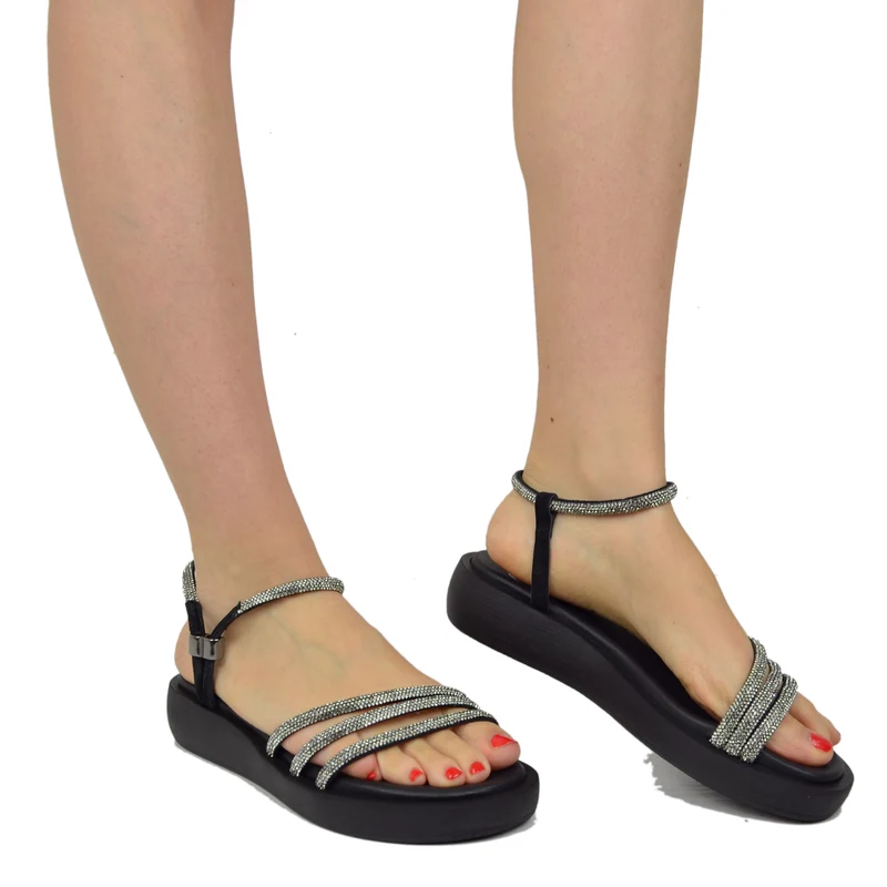 Sandali Donna Platform Neri in Pelle con Strass Made in Italy