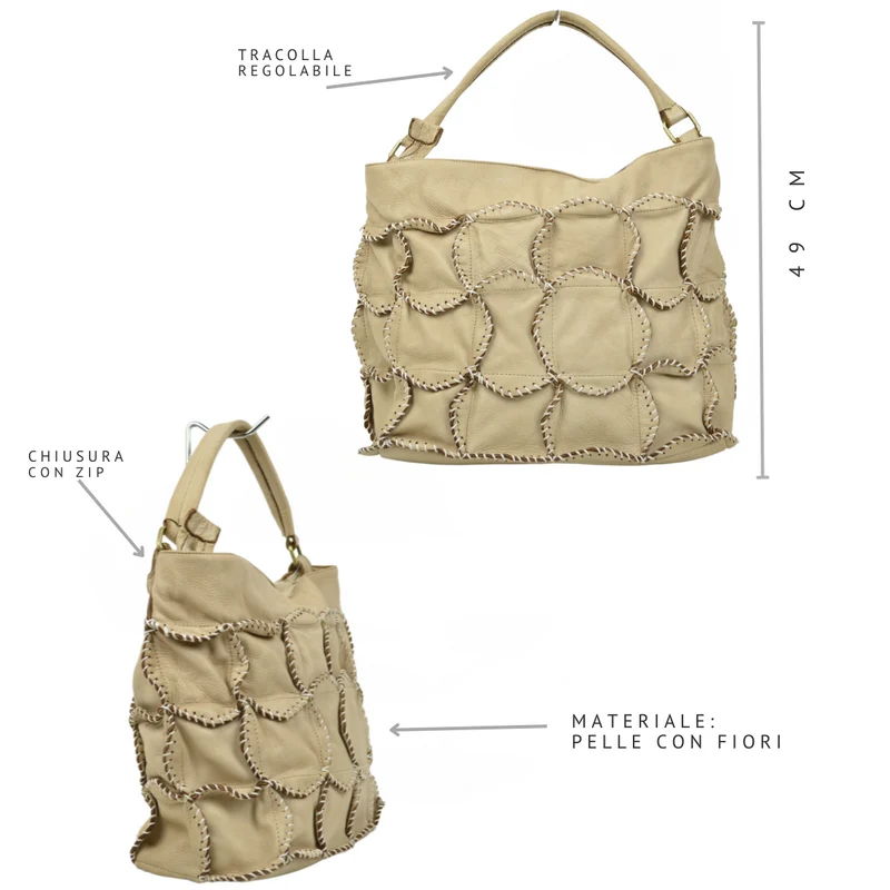 Borsa Donna con Fiori di Pelle Beige Made in Italy