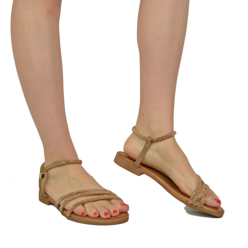 Sandali Donna Gold in Pelle con Strass Made in Italy