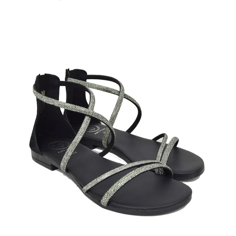 Sandali Donna Nero in Pelle Scamosciata con Strass Made in Italy