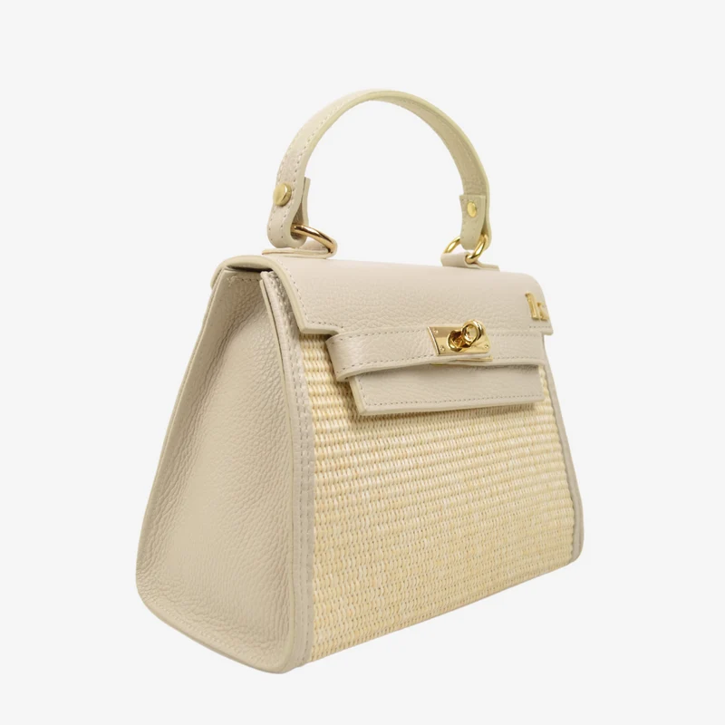 Borsa a Mano in Rafia e Pelle Beige Apertura con Chiusura a Chiave
