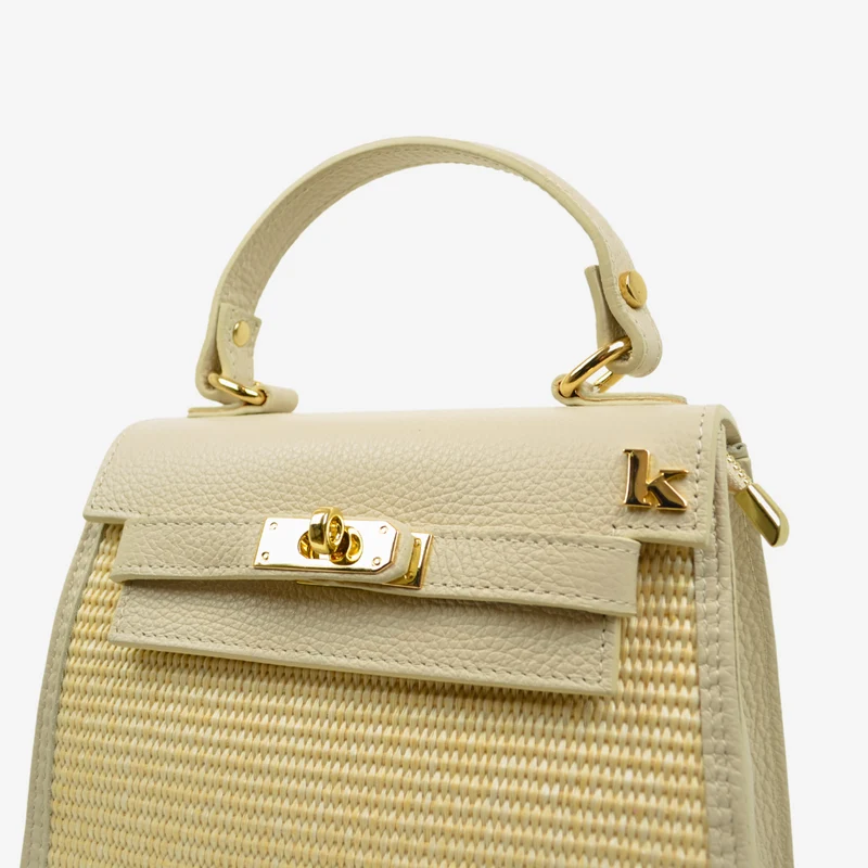 Borsa a Mano in Rafia e Pelle Beige Apertura con Chiusura a Chiave
