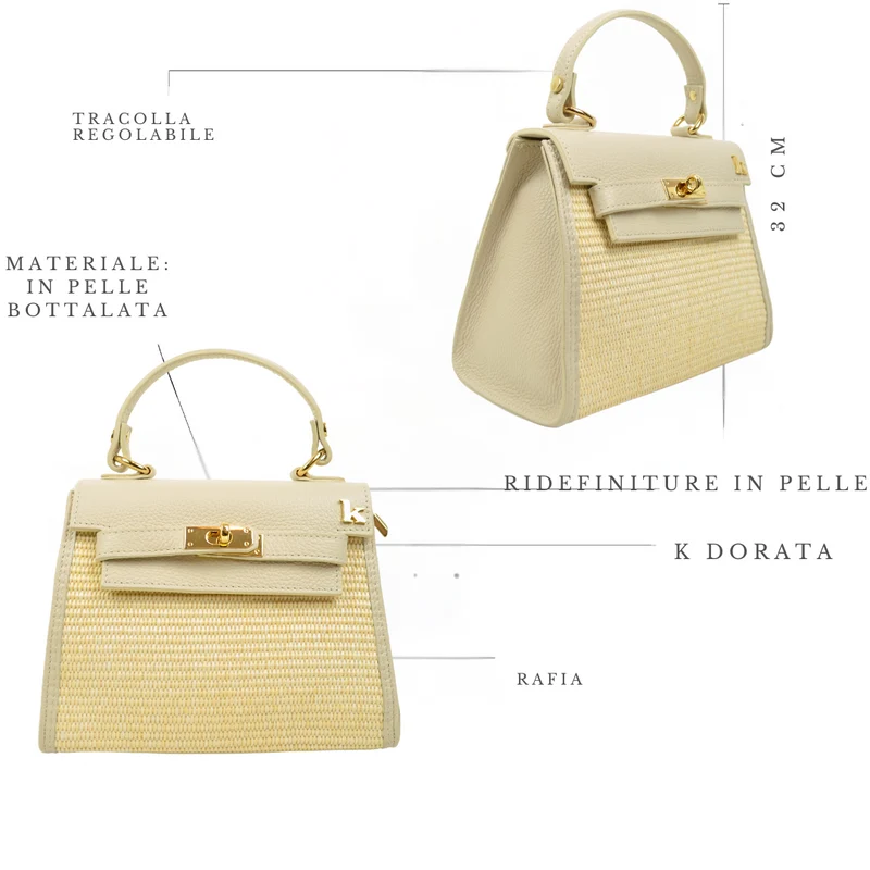 Borsa a Mano in Rafia e Pelle Beige Apertura con Chiusura a Chiave