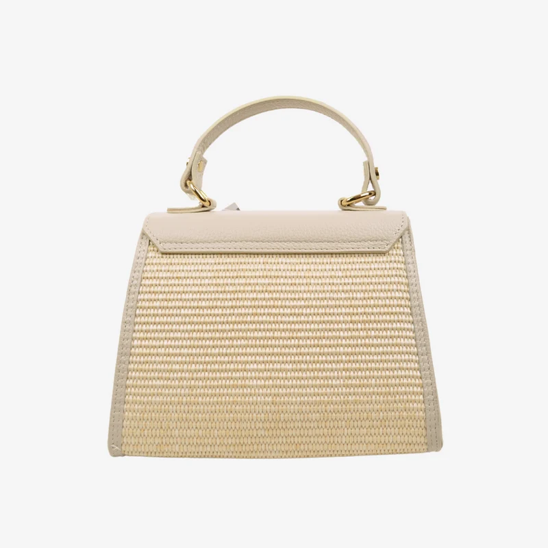 Borsa a Mano in Rafia e Pelle Beige Apertura con Chiusura a Chiave
