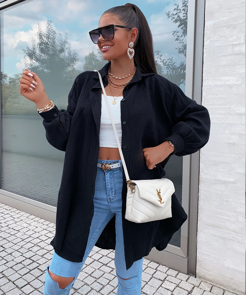 Oversize Musselin Bluse Freya Schwarz Lang