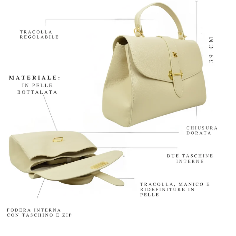 Borsa a Mano Baule Grande Capiente in Pelle Crema
