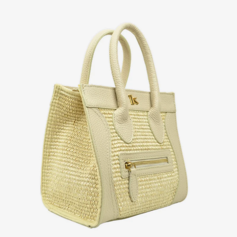 Borsa a Mano in Rafia e in Pelle Beige con Taschino Anteriore