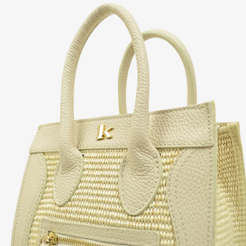 Borsa a Mano in Rafia e in Pelle Beige con Taschino Anteriore