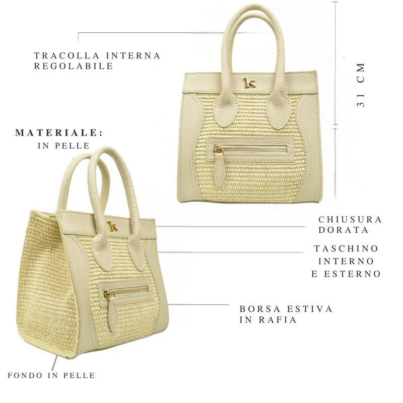 Borsa a Mano in Rafia e in Pelle Beige con Taschino Anteriore