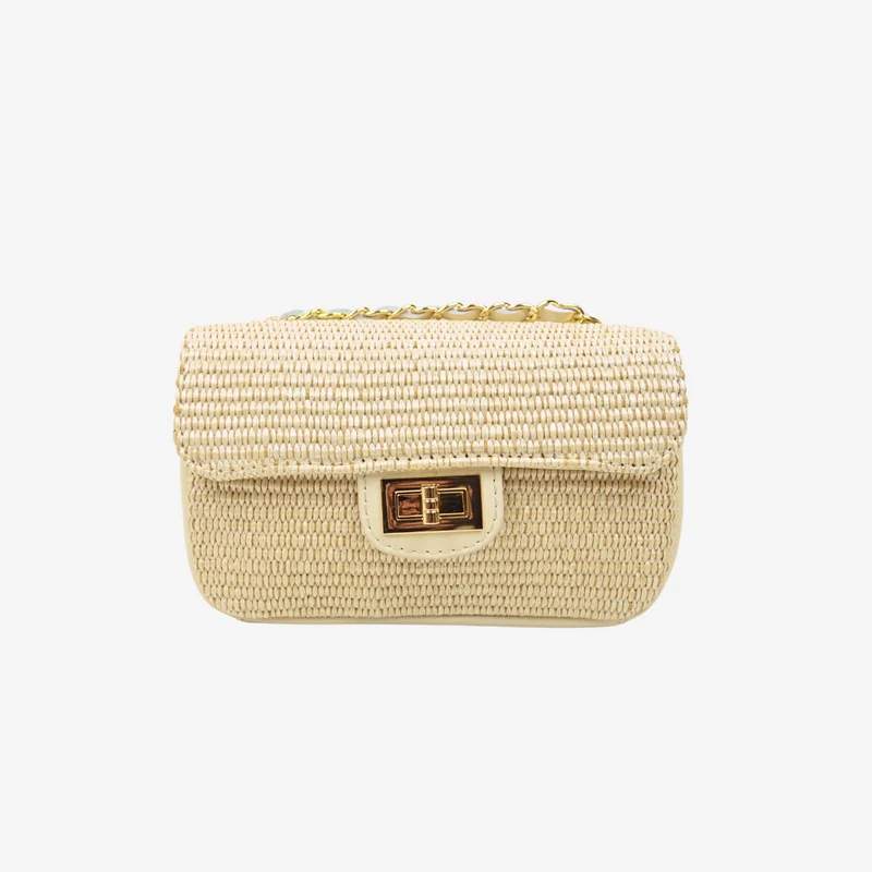 Borsetta a Tracolla in Rafia con Catena in Pelle Beige