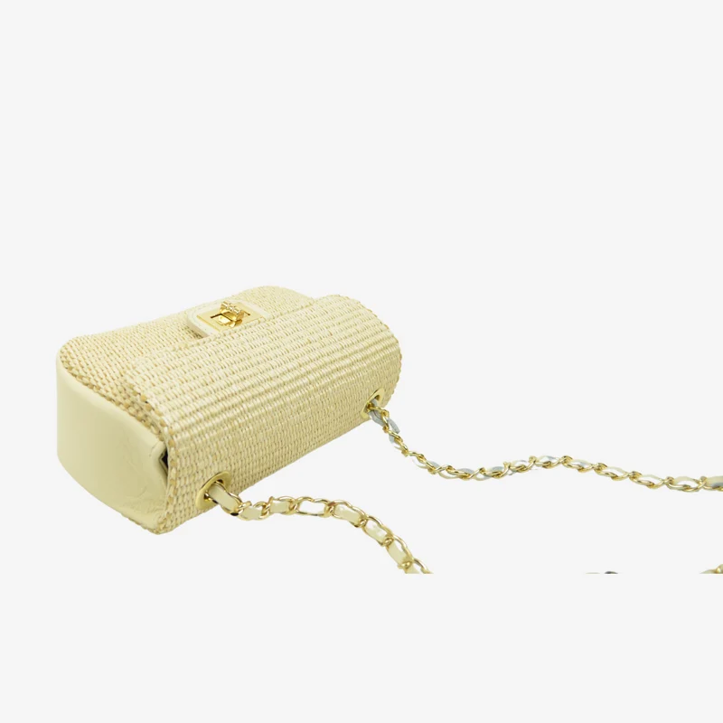 Borsetta a Tracolla in Rafia con Catena in Pelle Beige