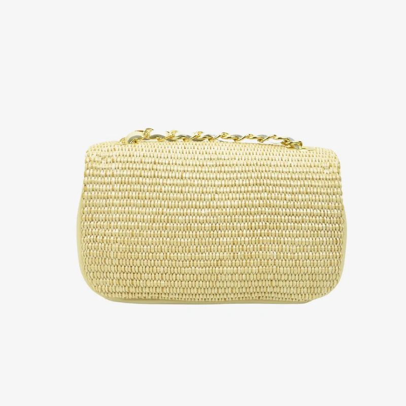 Borsetta a Tracolla in Rafia con Catena in Pelle Beige