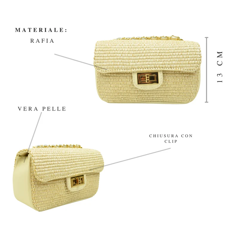 Borsetta a Tracolla in Rafia con Catena in Pelle Beige