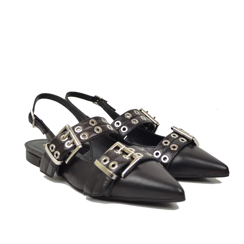 Slingback Piatte Fibbione a Punta Eleganti Vera Pelle Nera Décolletée