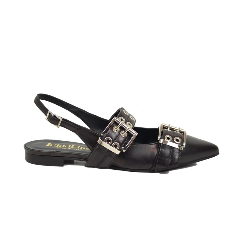 Slingback Piatte Fibbione a Punta Eleganti Vera Pelle Nera Décolletée