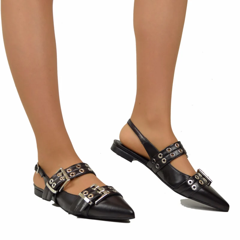 Slingback Piatte Fibbione a Punta Eleganti Vera Pelle Nera Décolletée