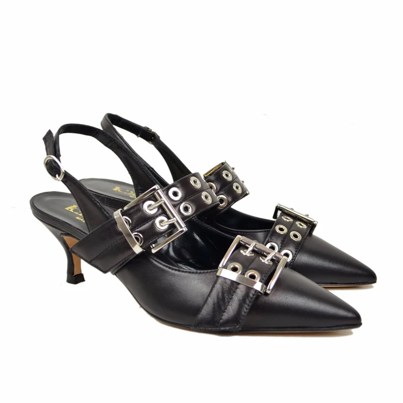 Slingback Tacco 5 cm Fibbione a Punta Eleganti Vera Pelle Nera Décolletée
