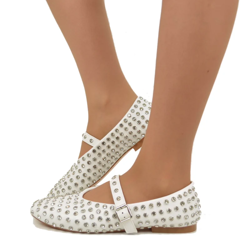 Ballerine Con Borchie e Strass in Similpelle Paperine Bianche