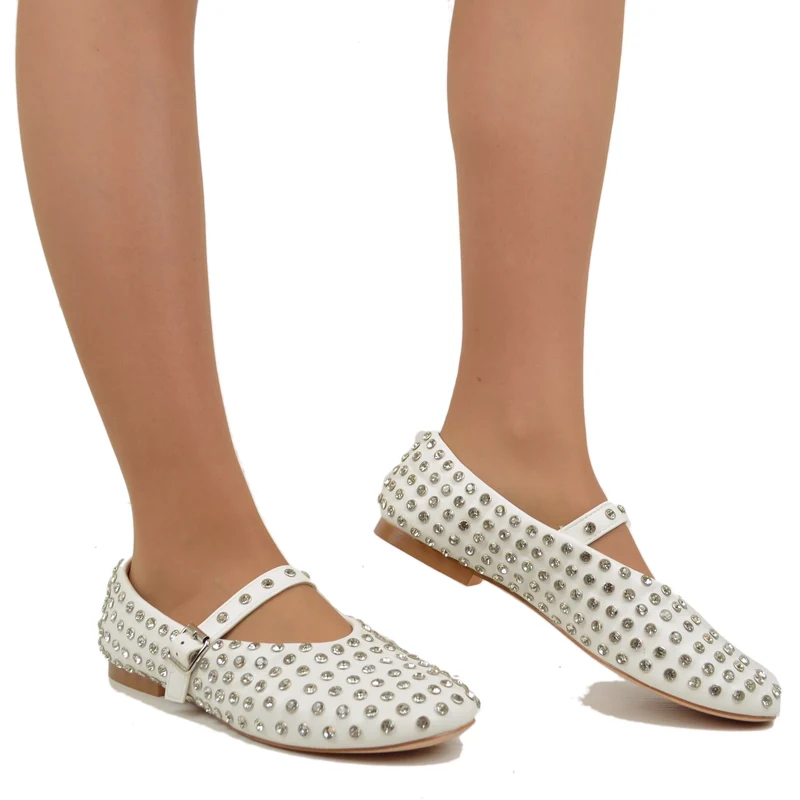Ballerine Con Borchie e Strass in Similpelle Paperine Bianche