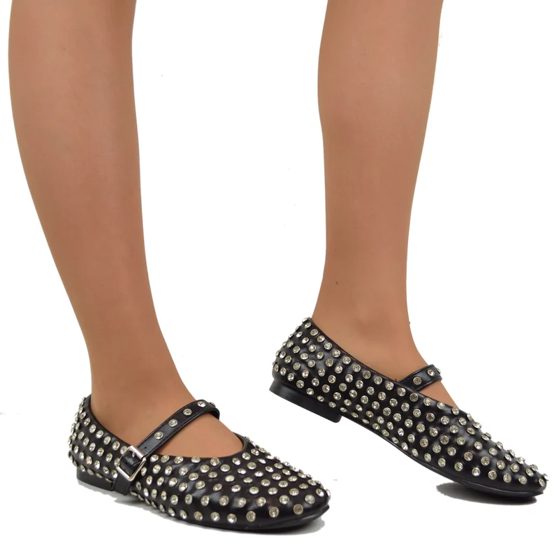 Ballerine Con Borchie e Strass in Similpelle Paperine Nere