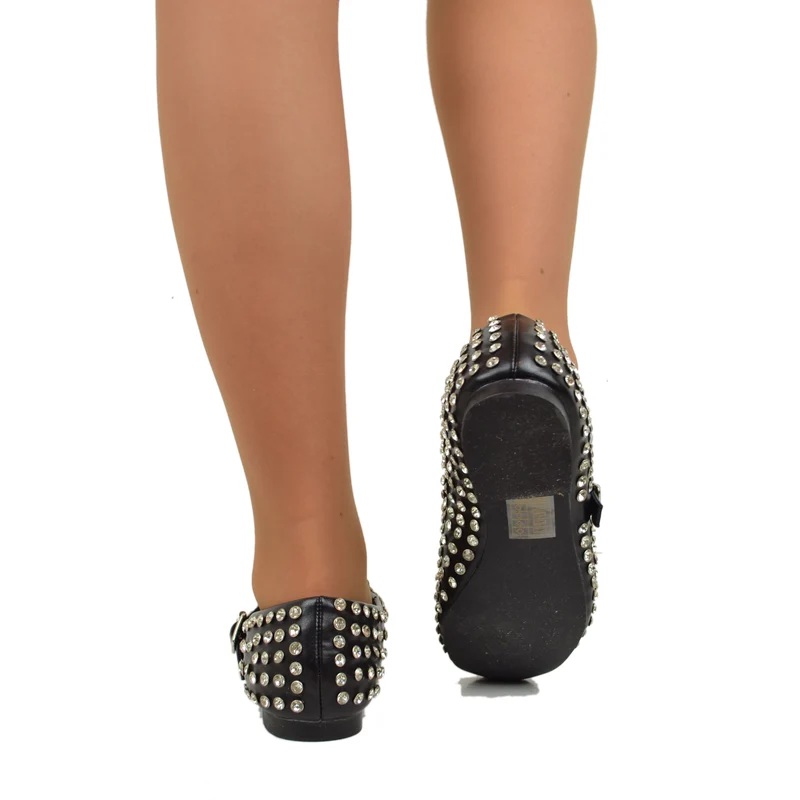 Ballerine Con Borchie e Strass in Similpelle Paperine Nere