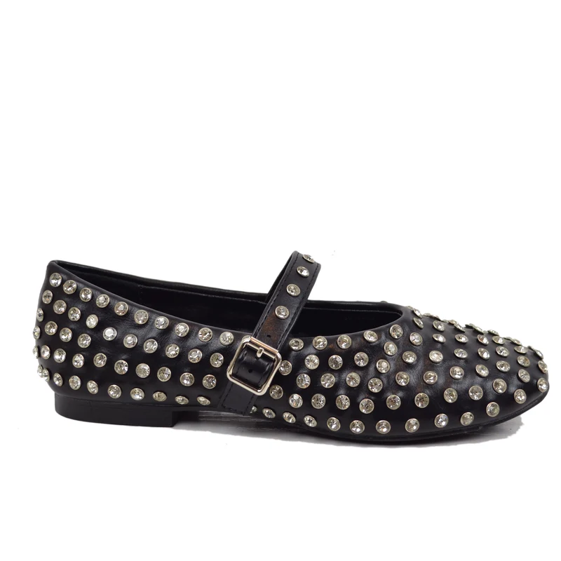 Ballerine Con Borchie e Strass in Similpelle Paperine Nere