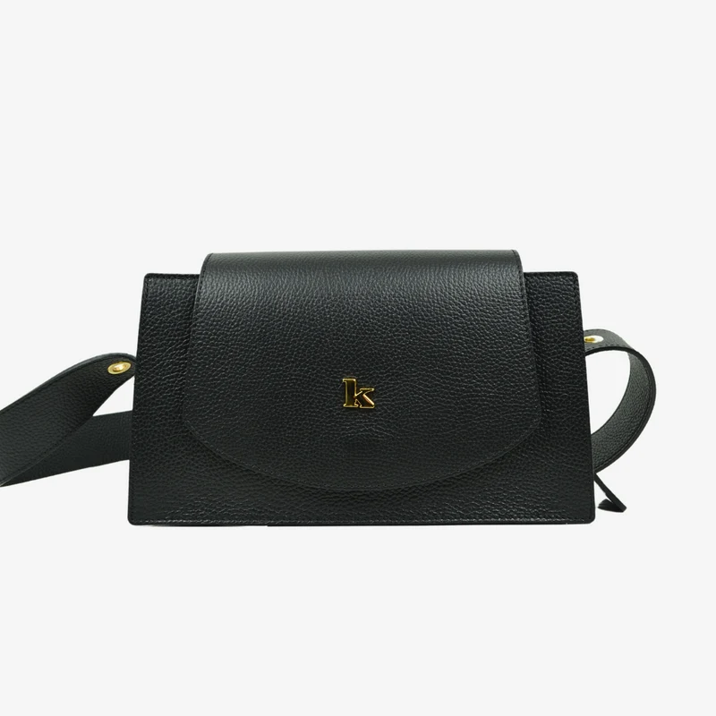 Borsa con Tracolla Regolabile in Pelle Nera con Borchia "K" Made in Italy