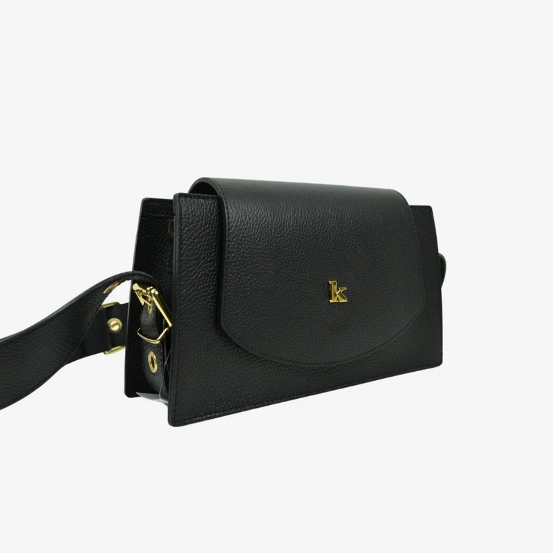 Borsa con Tracolla Regolabile in Pelle Nera con Borchia "K" Made in Italy