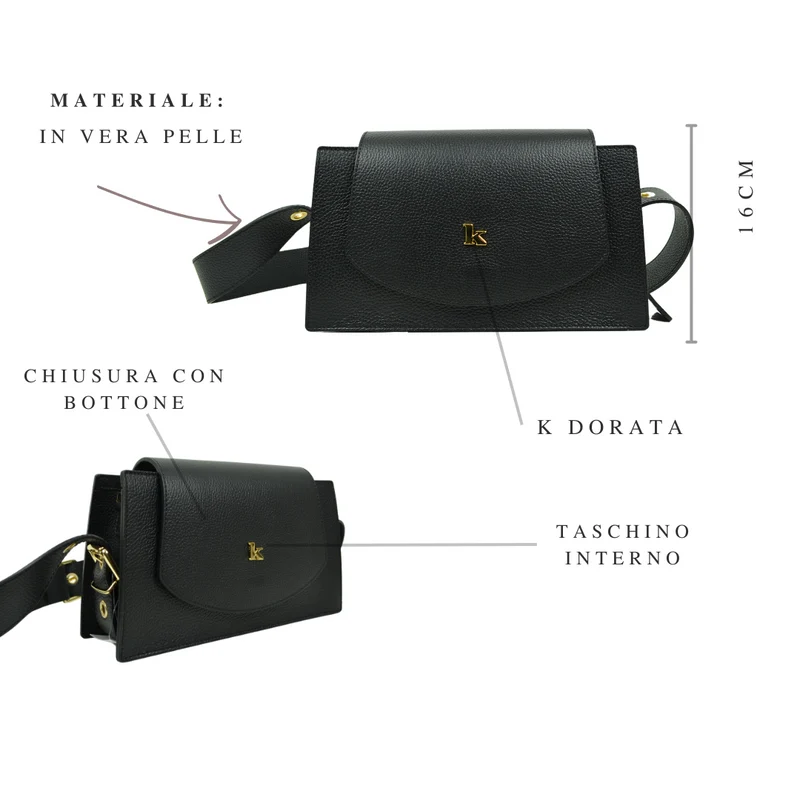 Borsa con Tracolla Regolabile in Pelle Nera con Borchia "K" Made in Italy