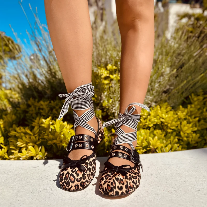 Ballerine Schiava DIVINE FOLLIE color Leopardato in Tessuto Satin e Nappa Punta Quadrata