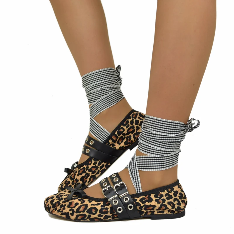 Ballerine Schiava DIVINE FOLLIE color Leopardato in Tessuto Satin e Nappa Punta Quadrata