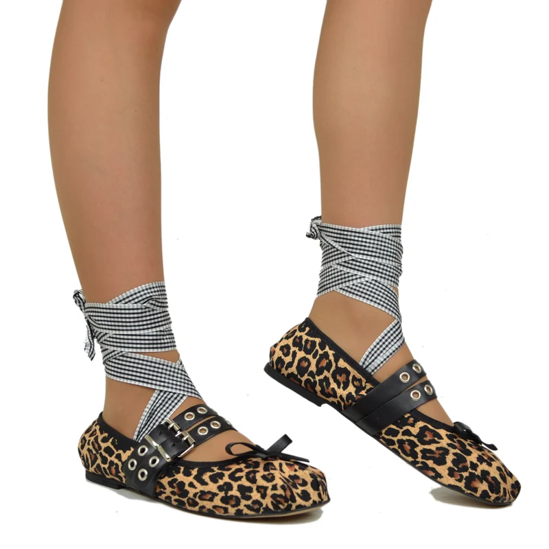 Ballerine Schiava DIVINE FOLLIE color Leopardato in Tessuto Satin e Nappa Punta Quadrata