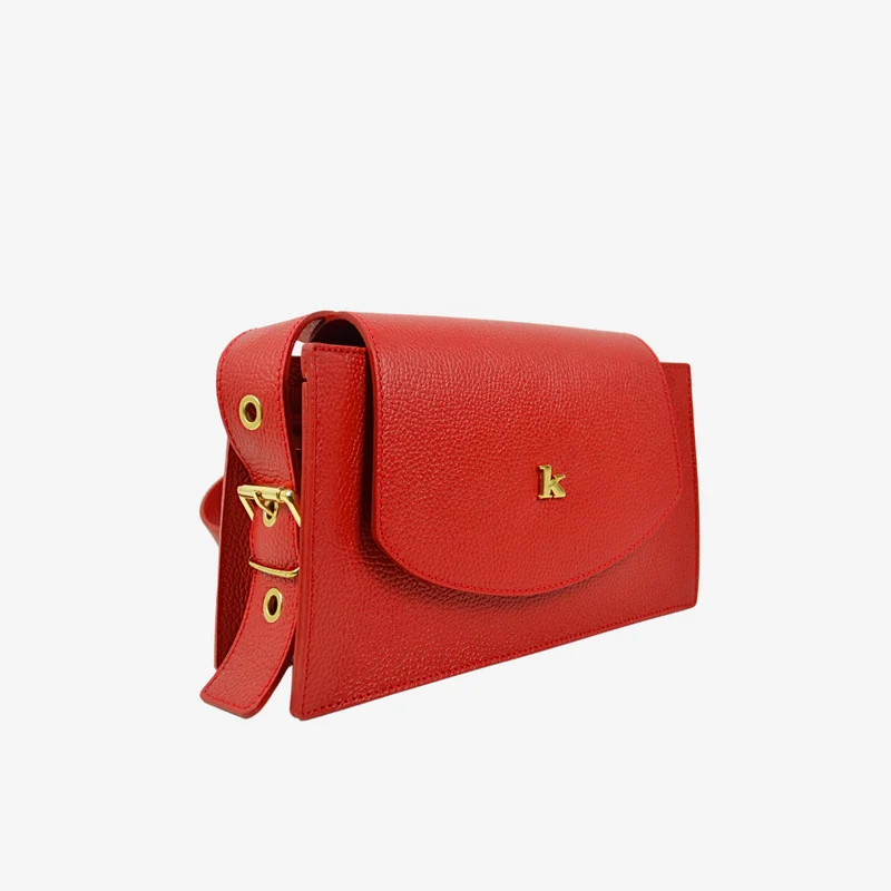 Borsa con Tracolla Regolabile in Pelle Rossa con Borchia "K" Made in Italy